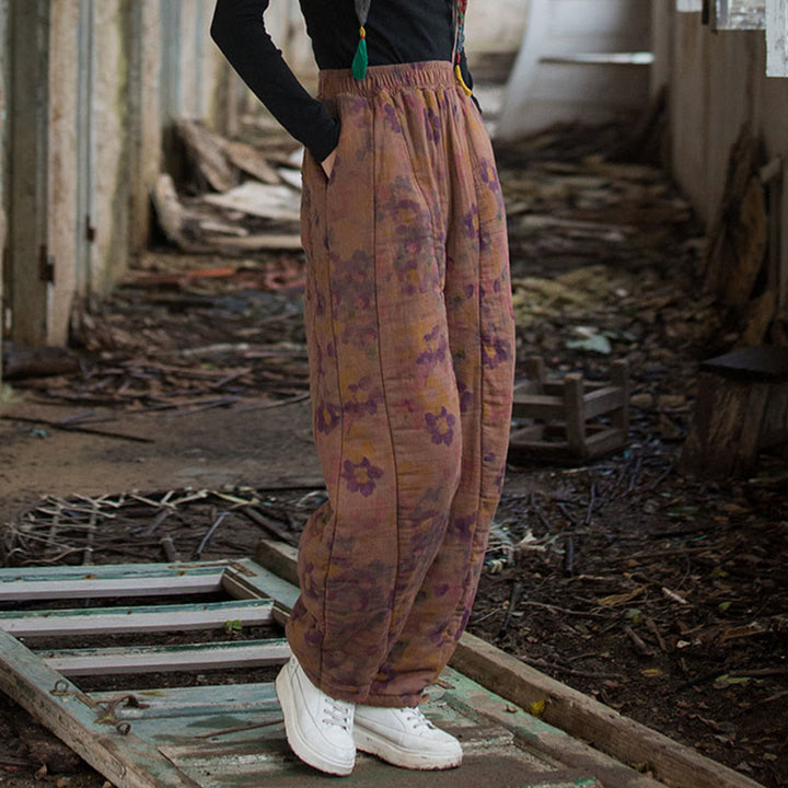 Pantalones gruesos de algodón con estampado de flores y Buddha Stones para mujer con bolsillos - image 14