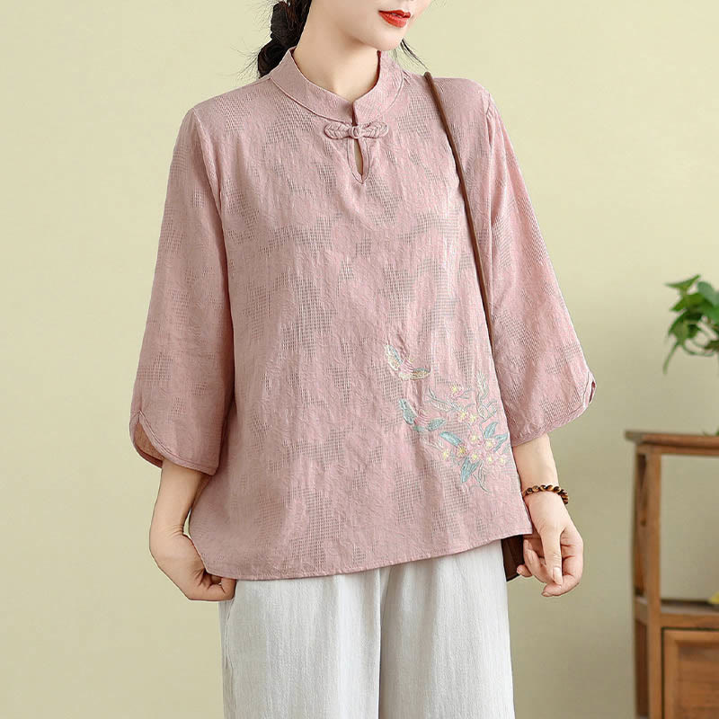 Camisa de algodón para mujer con cuello mandarín, manga tres cuartos y un botón de rana con bordado de flores de Buddha Stones - Rosa claro - US12, UK/AU16, EU44 (3XL) - image 16
