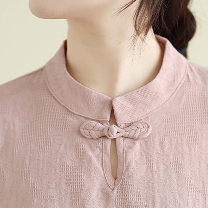 Camisa de algodón para mujer con cuello mandarín, manga tres cuartos y un botón de rana con bordado de flores de Buddha Stones - image 23