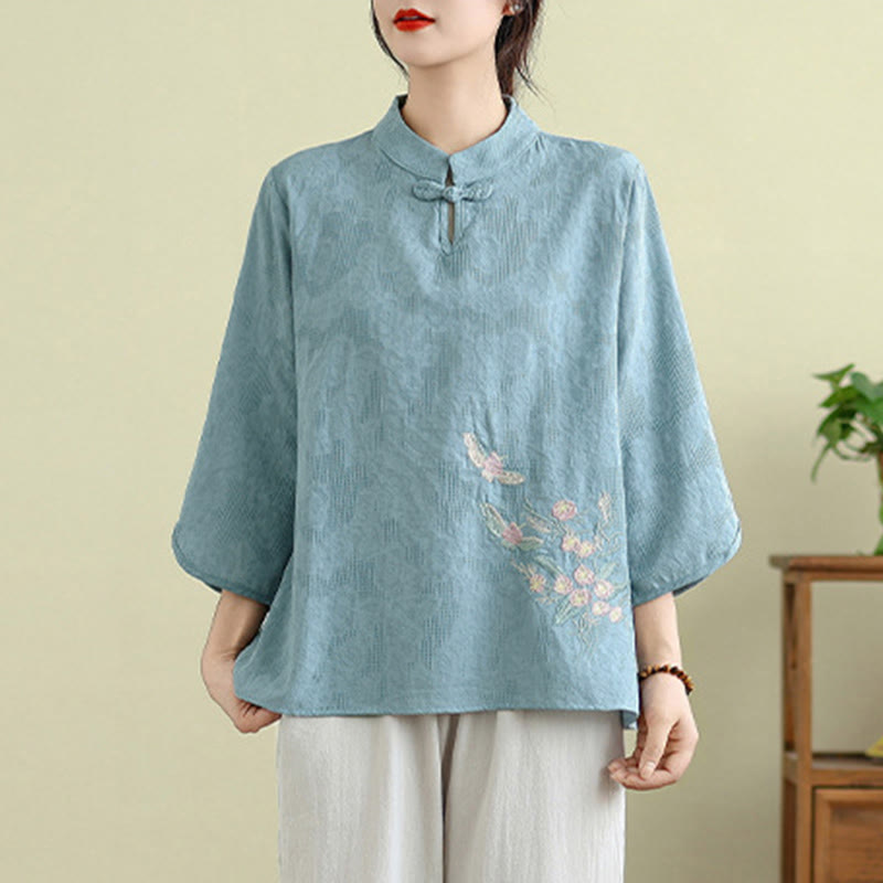 Camisa de algodón para mujer con cuello mandarín, manga tres cuartos y un botón de rana con bordado de flores de Buddha Stones - image 13