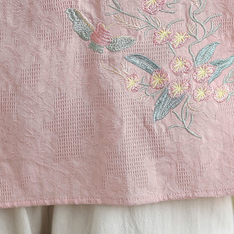 Camisa de algodón para mujer con cuello mandarín, manga tres cuartos y un botón de rana con bordado de flores de Buddha Stones - image 25