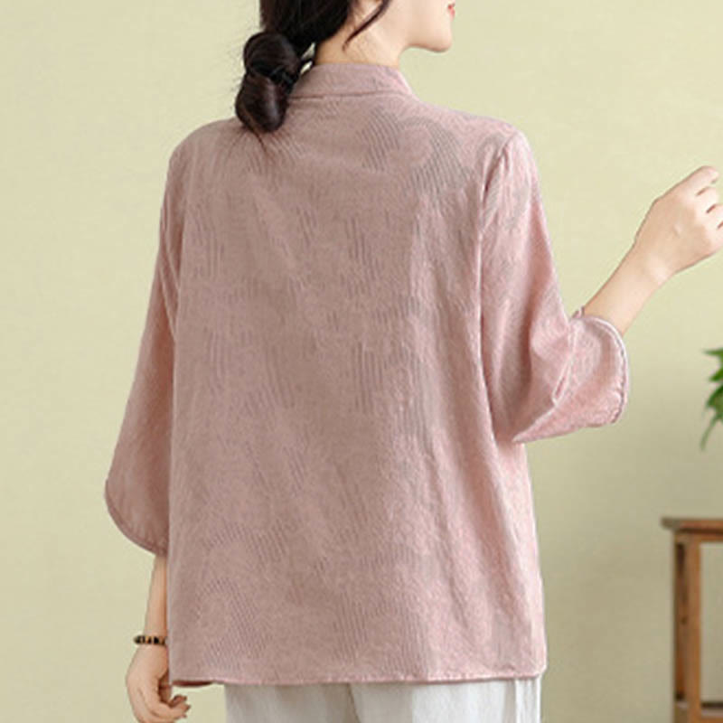 Camisa de algodón para mujer con cuello mandarín, manga tres cuartos y un botón de rana con bordado de flores de Buddha Stones - image 19