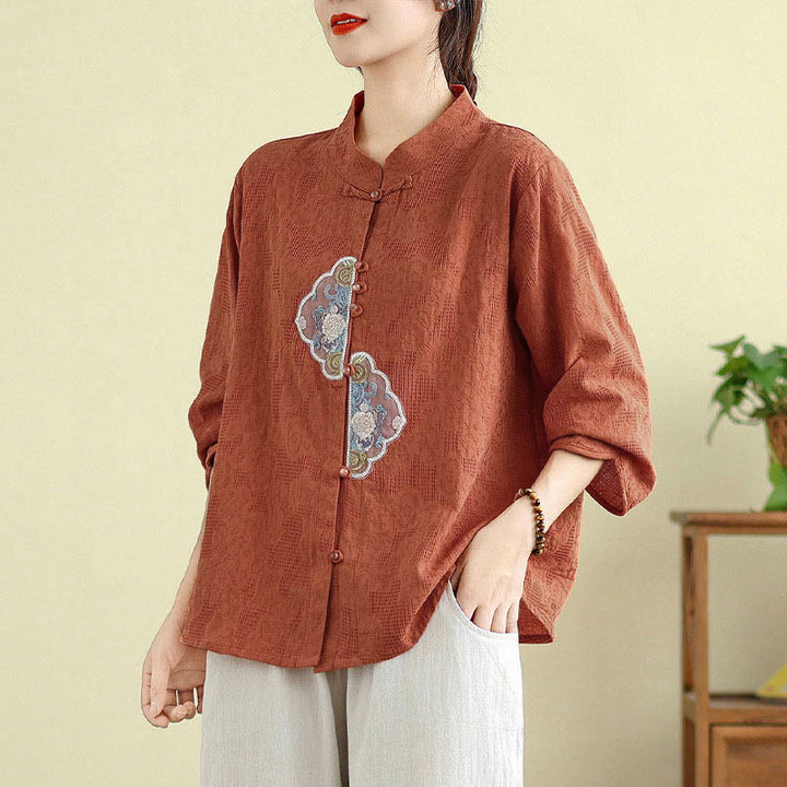 Camisa de algodón para mujer con bordado de flores y Buddha Stones, jacquard, manga tres cuartos y botones de rana - Tomate - US12, UK/AU16, EU44 (3XL) - image 0