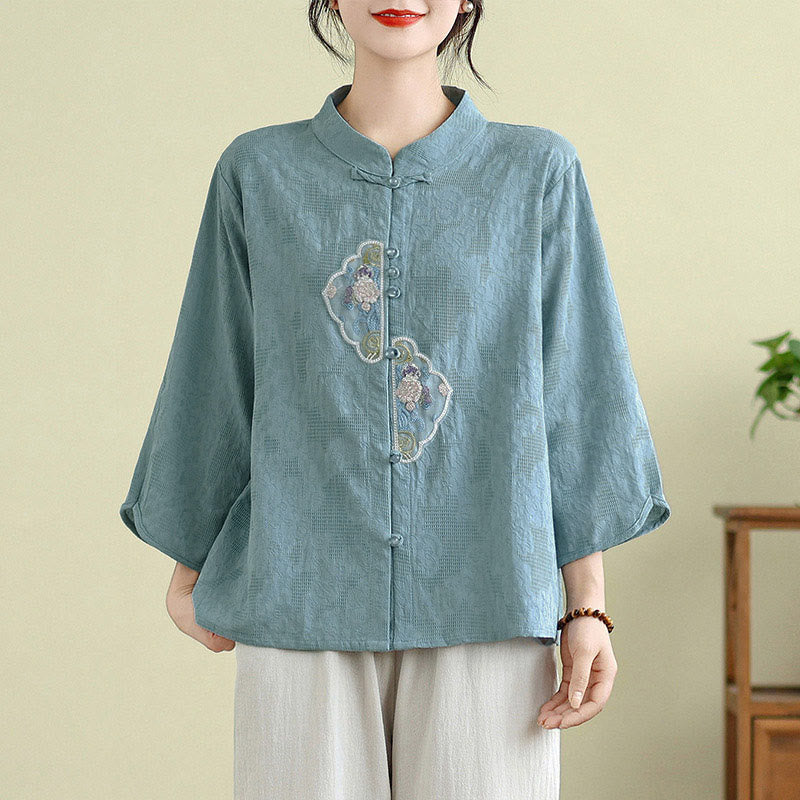 Camisa de algodón para mujer con bordado de flores y Buddha Stones, jacquard, manga tres cuartos y botones de rana - Azul claro - US12, UK/AU16, EU44 (3XL) - image 9