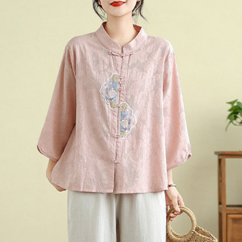 Camisa de algodón para mujer con bordado de flores y Buddha Stones, jacquard, manga tres cuartos y botones de rana - image 16