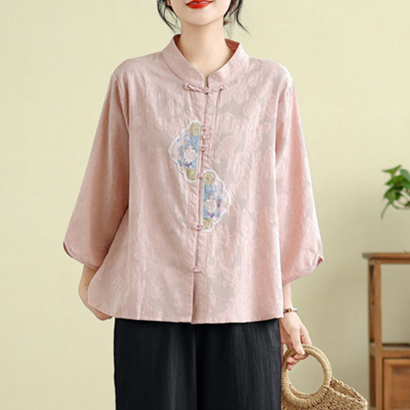 Camisa de algodón para mujer con bordado de flores y Buddha Stones, jacquard, manga tres cuartos y botones de rana - image 20