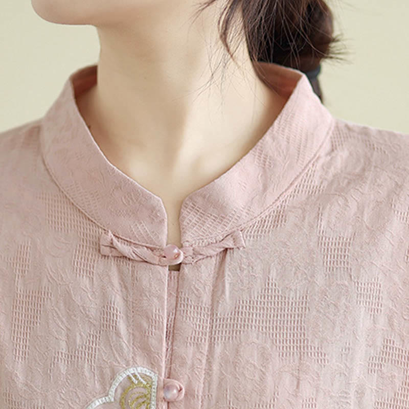 Camisa de algodón para mujer con bordado de flores y Buddha Stones, jacquard, manga tres cuartos y botones de rana - image 22