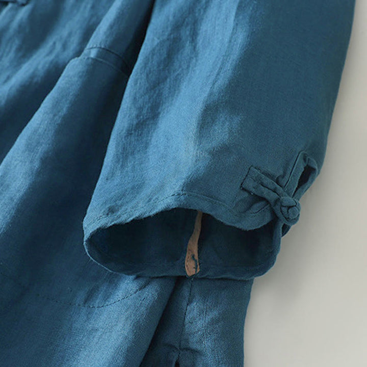 Camisa de algodón para mujer con cuello alto, manga tres cuartos y largo medio, color liso, con botones de rana y estampado de Buddha Stones Fall - image 14