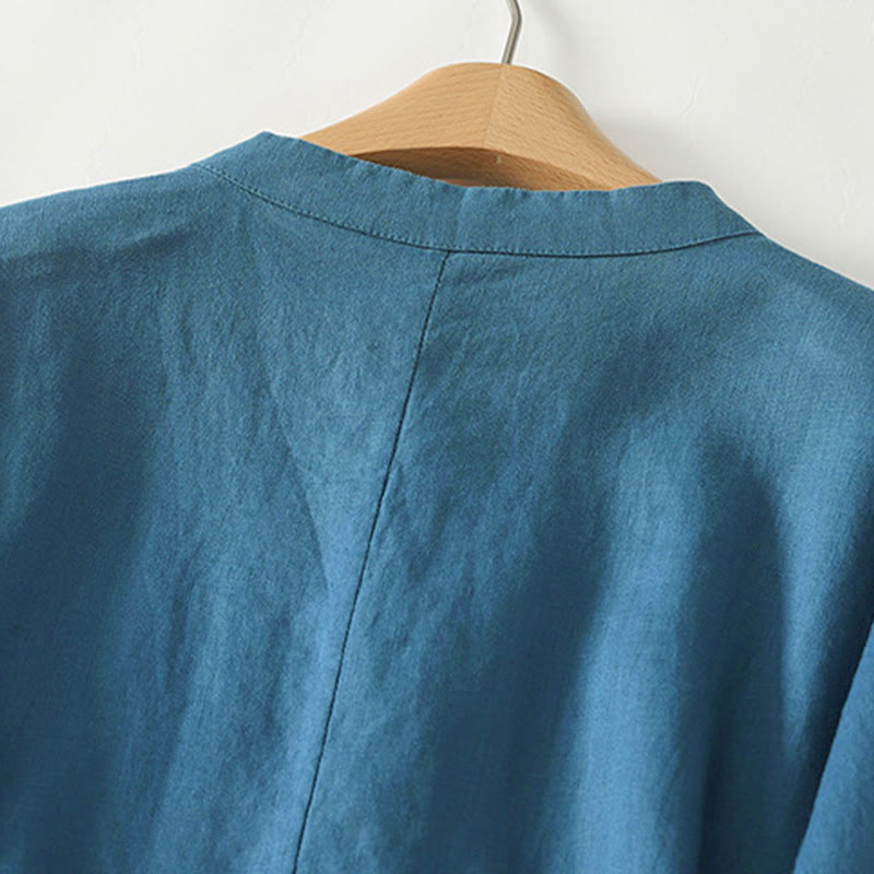 Camisa de algodón para mujer con cuello alto, manga tres cuartos y largo medio, color liso, con botones de rana y estampado de Buddha Stones Fall - image 10