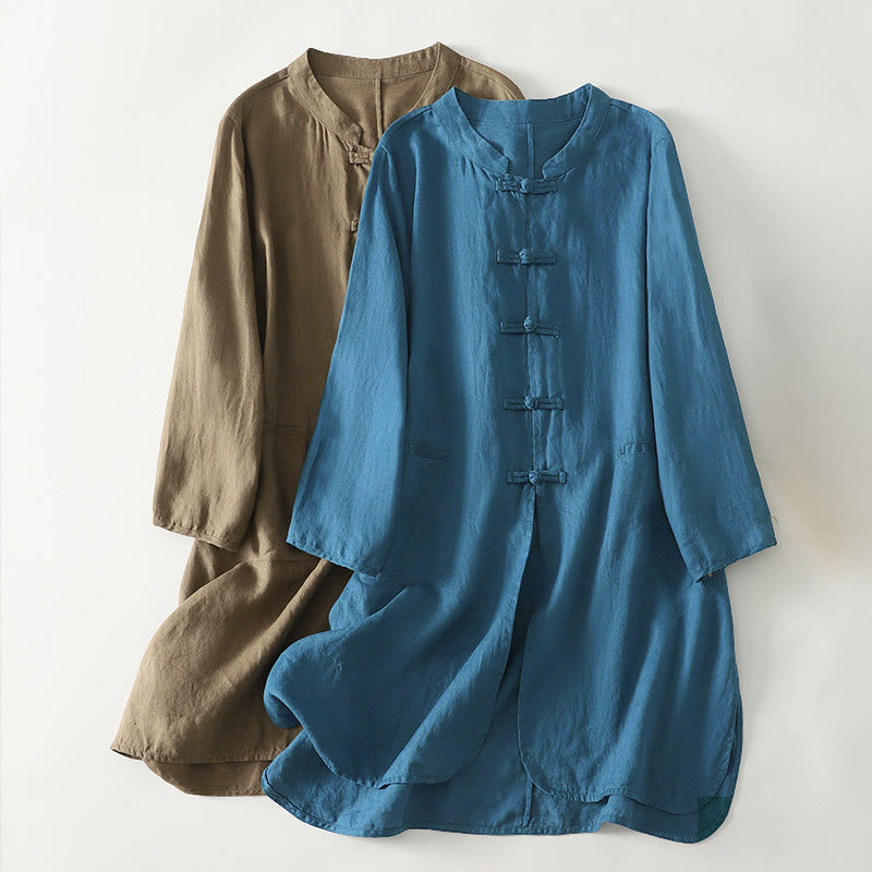 Camisa de algodón para mujer con cuello alto, manga tres cuartos y largo medio, color liso, con botones de rana y estampado de Buddha Stones Fall - image 0