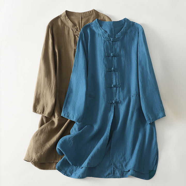 Camisa de algodón para mujer con cuello alto, manga tres cuartos y largo medio, color liso, con botones de rana y estampado de Buddha Stones Fall - image 0