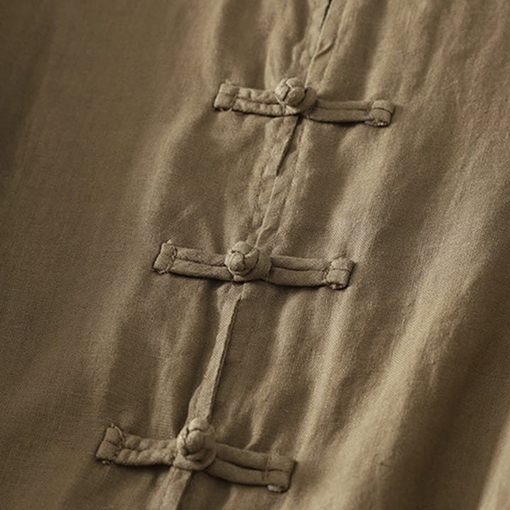 Camisa de algodón para mujer con cuello alto, manga tres cuartos y largo medio, color liso, con botones de rana y estampado de Buddha Stones Fall - image 4