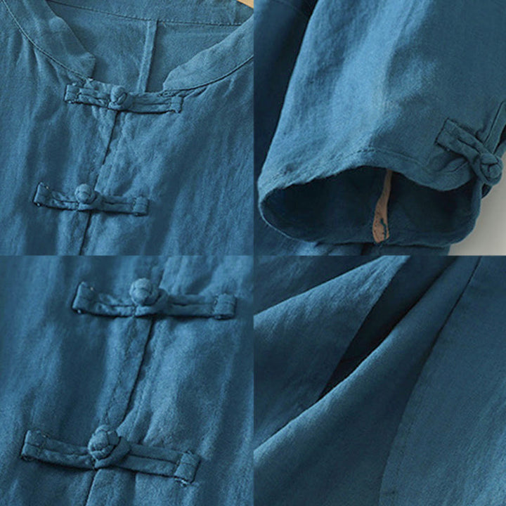 Camisa de algodón para mujer con cuello alto, manga tres cuartos y largo medio, color liso, con botones de rana y estampado de Buddha Stones Fall - image 17