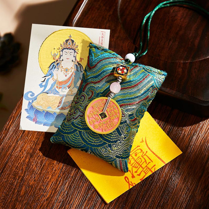Buddha Stones, zodiaco chino, Buda natal, monedas de cobre, bolsita, bendición, decoración colgante - Tela verde oscuro - Bodhisattva Mahasattva Caballo - image 20