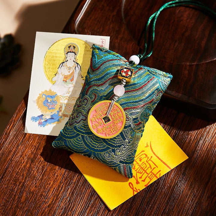 Buddha Stones, zodiaco chino, Buda natal, monedas de cobre, bolsita, bendición, decoración colgante - Tela verde oscuro - Bodhisattva Conejo-Manjushri - image 16