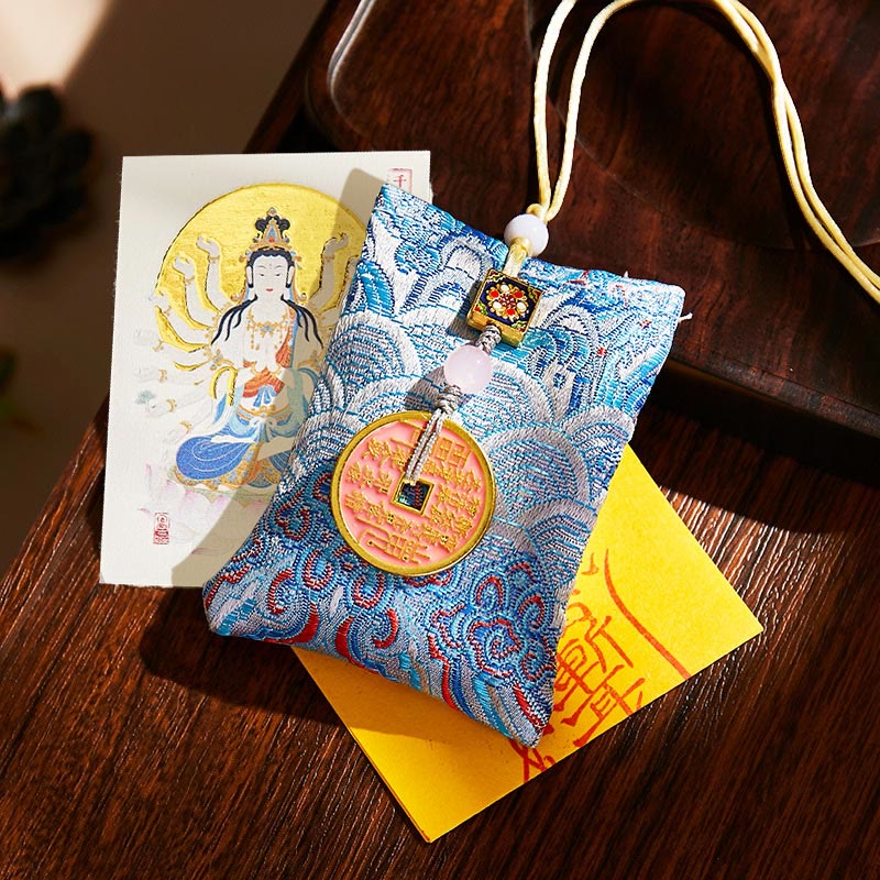 Buddha Stones, zodiaco chino, Buda natal, monedas de cobre, bolsita, bendición, decoración colgante - Tela azul claro - Avalokitesvara de las Mil Brazos - image 33