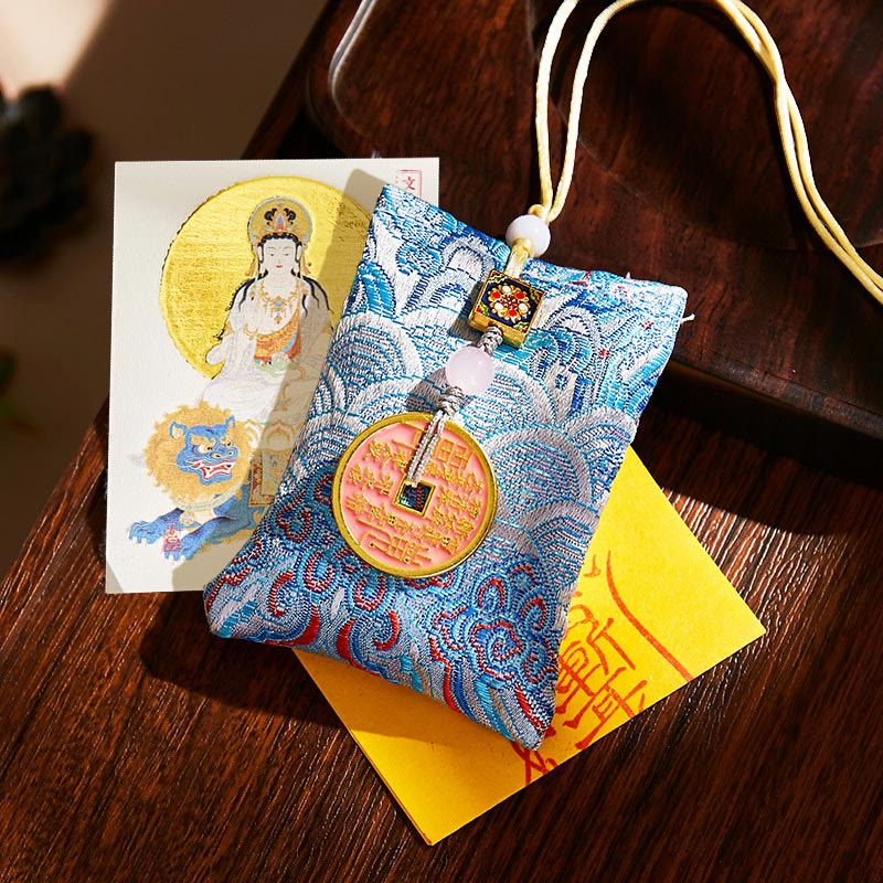 Buddha Stones, zodiaco chino, Buda natal, monedas de cobre, bolsita, bendición, decoración colgante - Tela azul claro - Bodhisattva Conejo-Manjushri - image 32