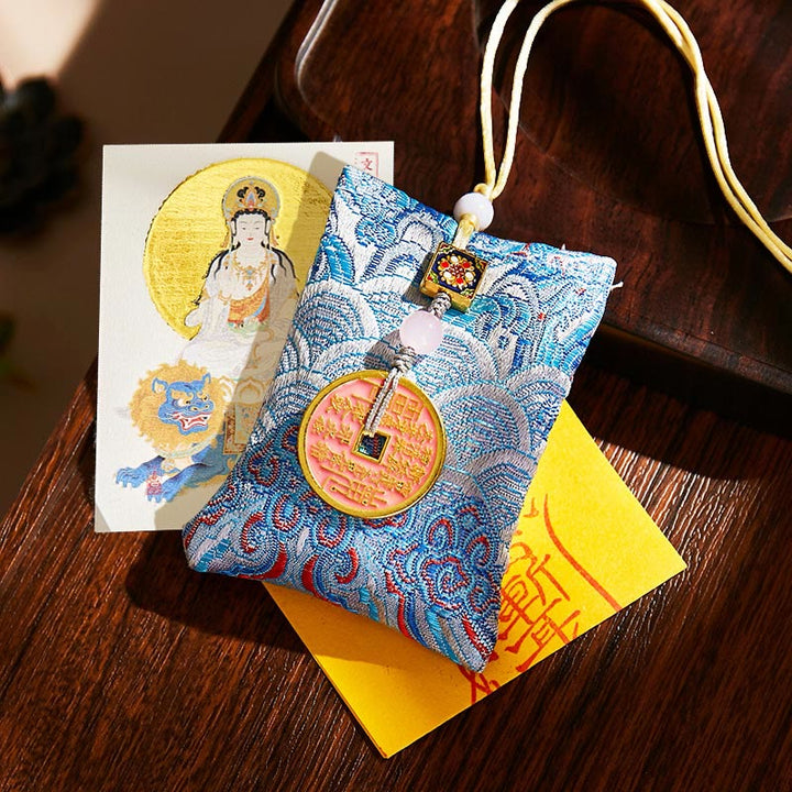 Buddha Stones, zodiaco chino, Buda natal, monedas de cobre, bolsita, bendición, decoración colgante - Tela azul claro - Bodhisattva Conejo-Manjushri - image 32