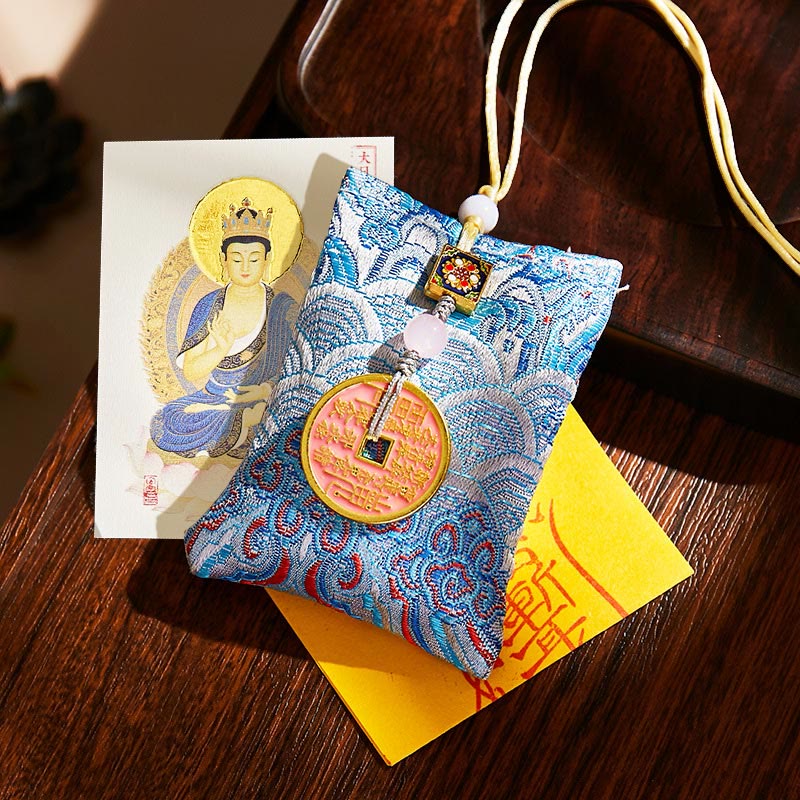 Buddha Stones, zodiaco chino, Buda natal, monedas de cobre, bolsita, bendición, decoración colgante - Tela azul claro - Tathagata Cabra/Mono - image 37