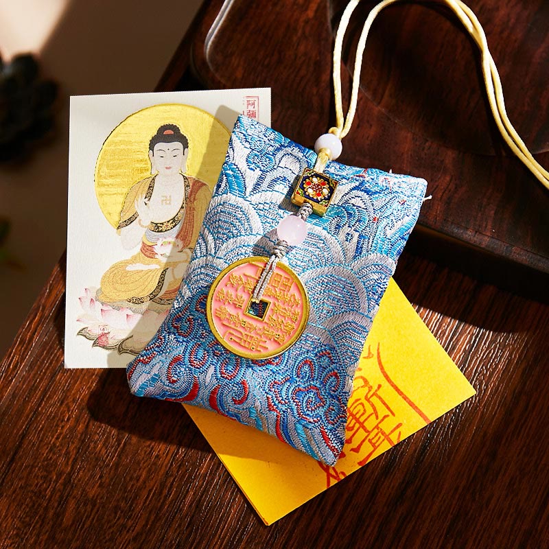 Buddha Stones, zodiaco chino, Buda natal, monedas de cobre, bolsita, bendición, decoración colgante - Tela azul claro - Perro/Cerdo-Buda Amitabha - image 39