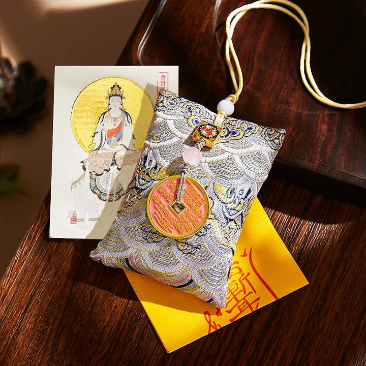 Buddha Stones, zodiaco chino, Buda natal, monedas de cobre, bolsita, bendición, decoración colgante - Tela gris - Dragón/Serpiente-Samantabhadra Bodhisattva - image 54