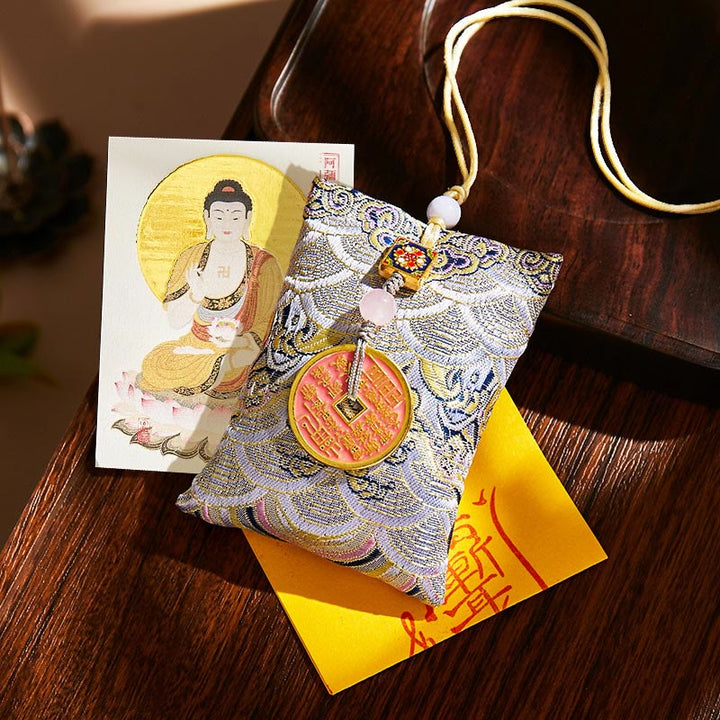 Buddha Stones, zodiaco chino, Buda natal, monedas de cobre, bolsita, bendición, decoración colgante - Tela gris - Perro/Cerdo-Buda Amitabha - image 55