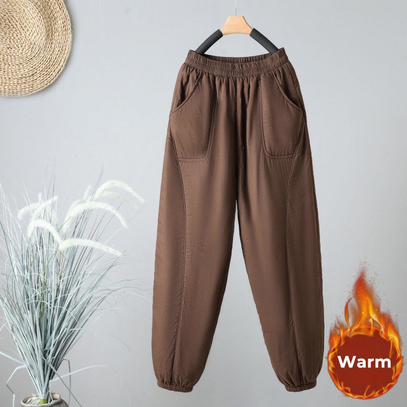 Pantalones harén de algodón térmicos con cintura elástica de invierno para mujer, de Buddha Stones, con bolsillos, de largo 7-8 - Marrón silla de montar - US8-10，UK/AU12-14，EU40-42 (2XL) - image 1