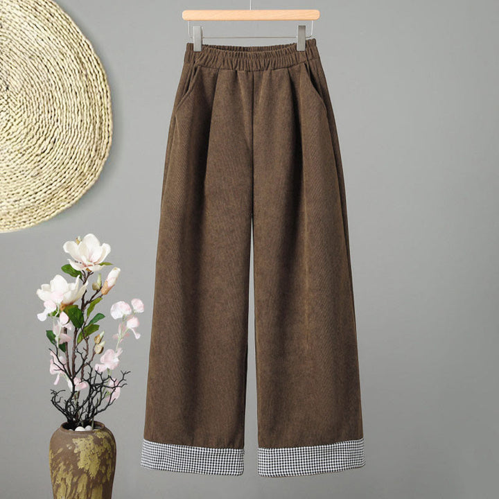 Pantalones de pana anchos hasta el tobillo para mujer con cintura elástica y diseño de patchwork a Buddha Stones - Marrón silla de montar - US8-10，UK/AU12-14，EU40-42 (2XL) - image 0