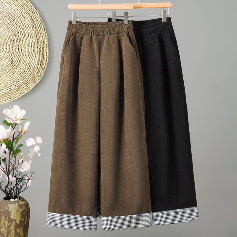 Pantalones de pana anchos hasta el tobillo para mujer con cintura elástica y diseño de patchwork a Buddha Stones - image 9