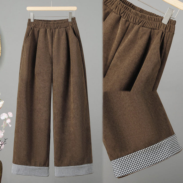 Pantalones de pana anchos hasta el tobillo para mujer con cintura elástica y diseño de patchwork a Buddha Stones - image 3