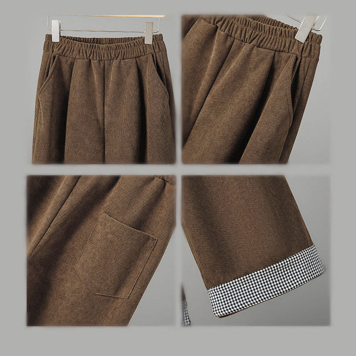 Pantalones de pana anchos hasta el tobillo para mujer con cintura elástica y diseño de patchwork a Buddha Stones - image 8