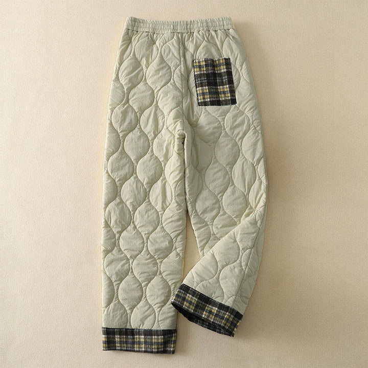 Pantalones térmicos de algodón a cuadros con diseño de líneas curvas de Buddha Stones para mujer, cintura elástica, cordón ajustable y bolsillos. - image 6