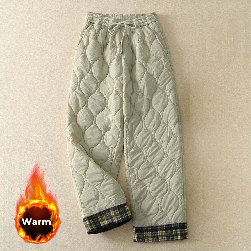 Pantalones térmicos de algodón a cuadros con diseño de líneas curvas de Buddha Stones para mujer, cintura elástica, cordón ajustable y bolsillos. - Beige - US8-10，UK/AU12-14，EU40-42 (2XL) - image 5