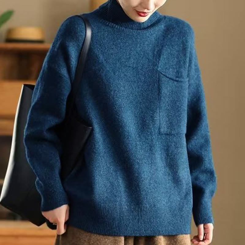 Suéter de algodón de punto para mujer, de manga larga, cuello alto, color liso, de Buddha Stones, para invierno - image 1