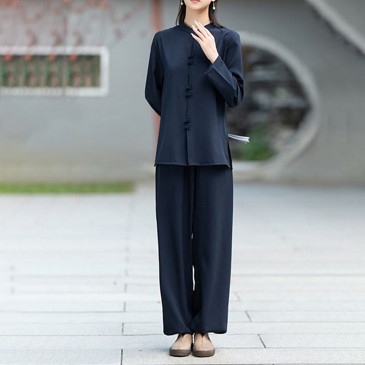 Conjunto de 2 piezas de camisa y pantalones de manga larga con botones de rana china, Buddha Stones , ropa de algodón para meditación, zen y tai chi para mujer - image 3
