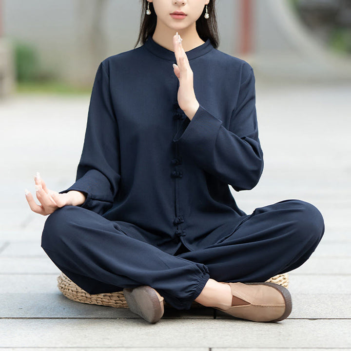 Conjunto de 2 piezas de camisa y pantalones de manga larga con botones de rana china, Buddha Stones , ropa de algodón para meditación, zen y tai chi para mujer - Azul acero - US8-10，UK/AU12-14，EU40-42 (2XL) - image 0