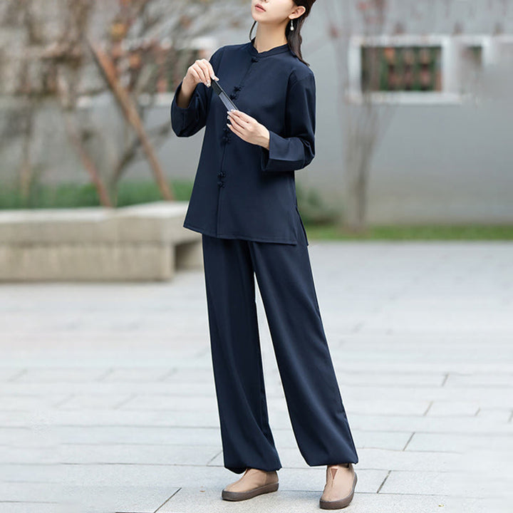 Conjunto de 2 piezas de camisa y pantalones de manga larga con botones de rana china, Buddha Stones , ropa de algodón para meditación, zen y tai chi para mujer - image 4