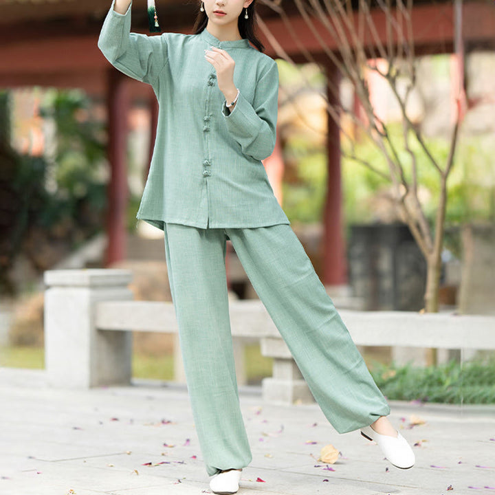 Conjunto de 2 piezas de camisa y pantalones de manga larga con botones de rana china, Buddha Stones , ropa de algodón para meditación, zen y tai chi para mujer - image 11