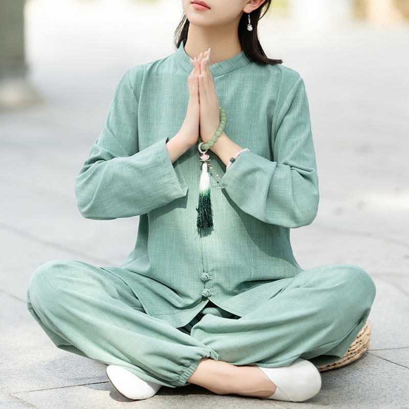 Conjunto de 2 piezas de camisa y pantalones de manga larga con botones de rana china, Buddha Stones , ropa de algodón para meditación, zen y tai chi para mujer - image 9