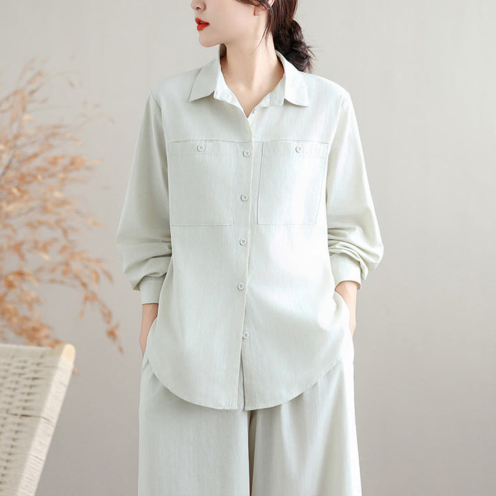 Conjunto de 2 piezas de Buddha Stones para mujer, camisa de manga larga con botones y pantalones anchos hasta los tobillos, de algodón, color liso, con bolsillos - image 4