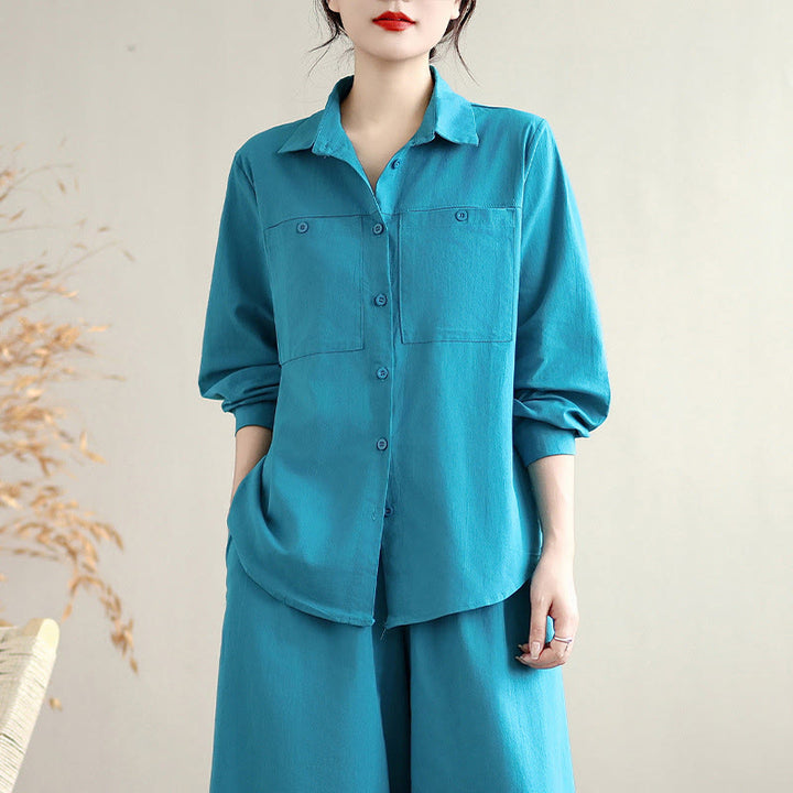 Conjunto de 2 piezas de Buddha Stones para mujer, camisa de manga larga con botones y pantalones anchos hasta los tobillos, de algodón, color liso, con bolsillos - image 17