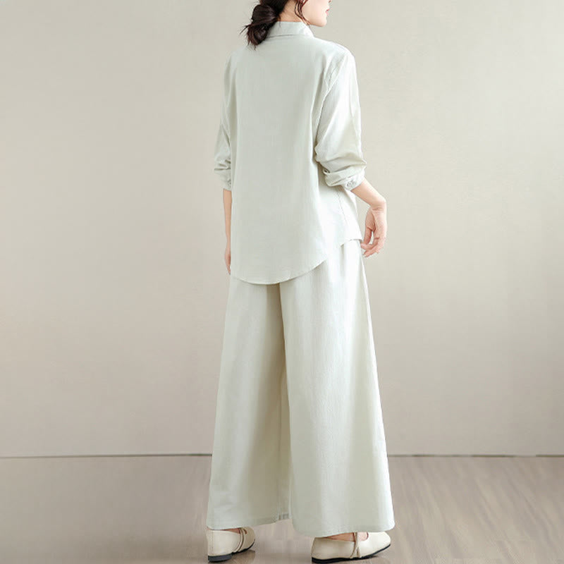 Conjunto de 2 piezas de Buddha Stones para mujer, camisa de manga larga con botones y pantalones anchos hasta los tobillos, de algodón, color liso, con bolsillos - image 3