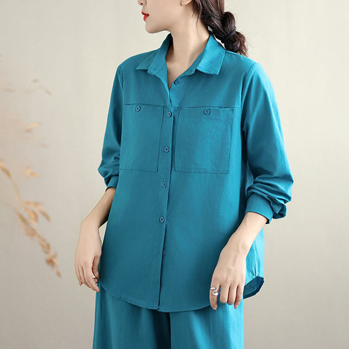 Conjunto de 2 piezas de Buddha Stones para mujer, camisa de manga larga con botones y pantalones anchos hasta los tobillos, de algodón, color liso, con bolsillos - image 18