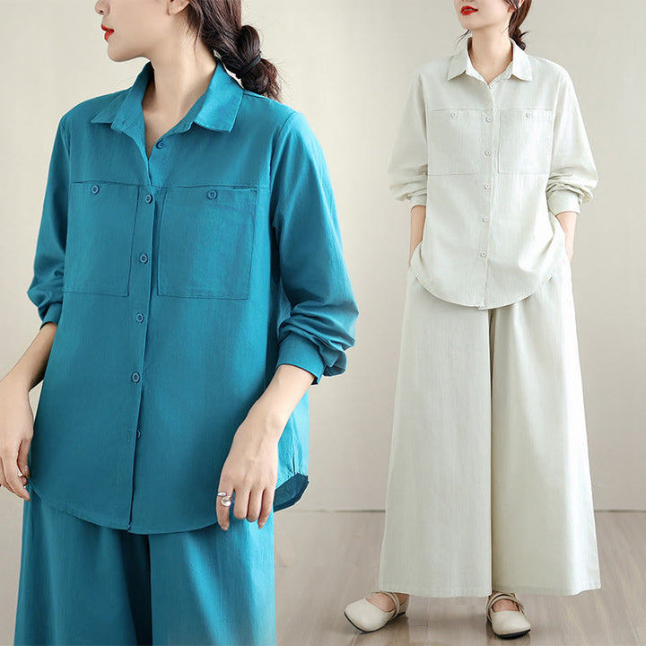 Conjunto de 2 piezas de Buddha Stones para mujer, camisa de manga larga con botones y pantalones anchos hasta los tobillos, de algodón, color liso, con bolsillos - image 20