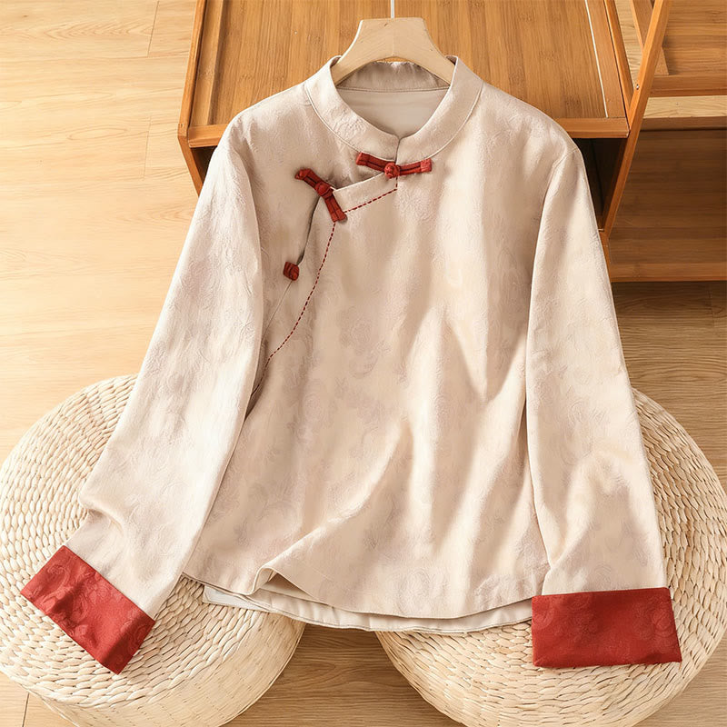 Camisa de algodón para mujer, manga larga, cuello alto, botones de rana y estampado floral de jacquard de Buddha Stones - Beige - US8-10，UK/AU12-14，EU40-42 (2XL) - image 16