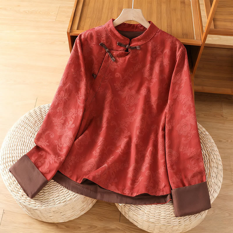 Camisa de algodón para mujer, manga larga, cuello alto, botones de rana y estampado floral de jacquard de Buddha Stones - Rojo - US8-10，UK/AU12-14，EU40-42 (2XL) - image 0