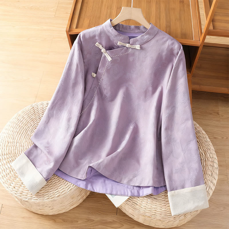 Camisa de algodón para mujer, manga larga, cuello alto, botones de rana y estampado floral de jacquard de Buddha Stones - Ciruela - US8-10，UK/AU12-14，EU40-42 (2XL) - image 8