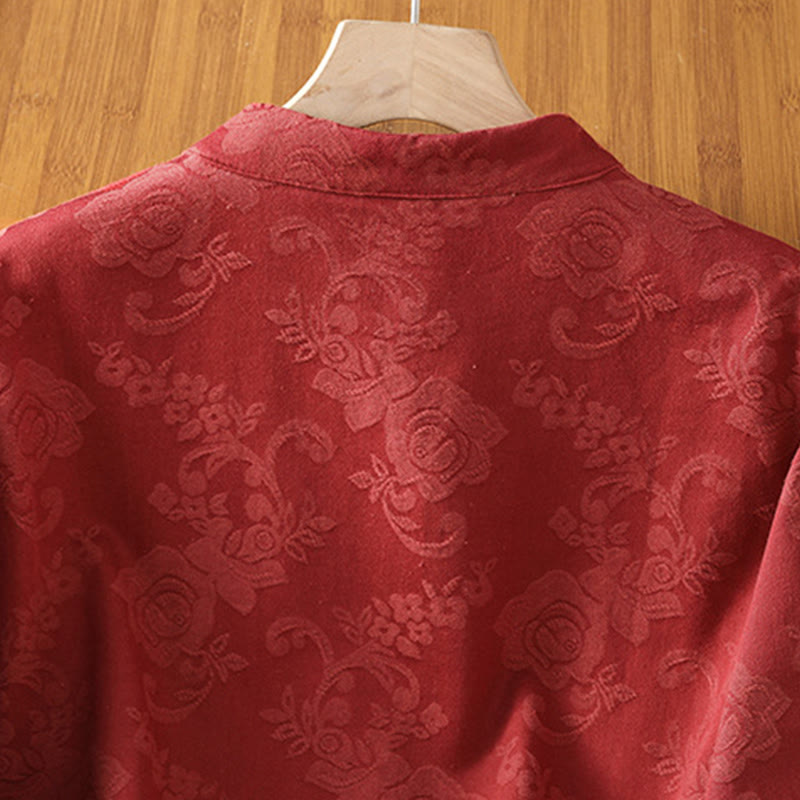 Camisa de algodón para mujer, manga larga, cuello alto, botones de rana y estampado floral de jacquard de Buddha Stones - image 3