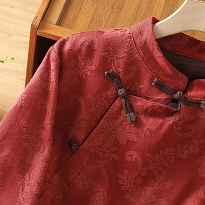 Camisa de algodón para mujer, manga larga, cuello alto, botones de rana y estampado floral de jacquard de Buddha Stones - image 4