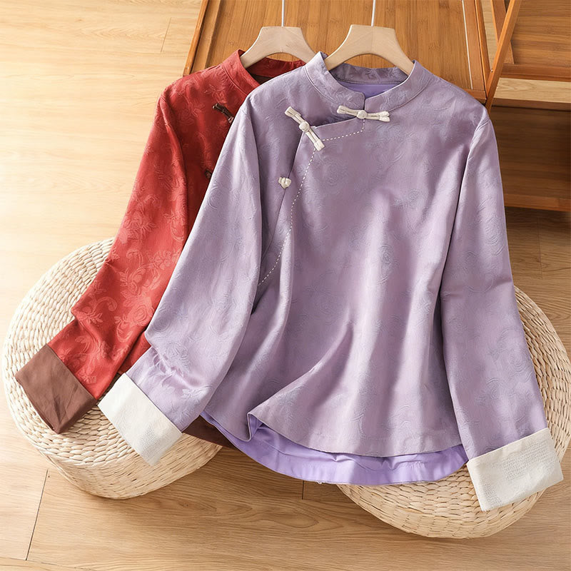 Camisa de algodón para mujer, manga larga, cuello alto, botones de rana y estampado floral de jacquard de Buddha Stones - image 15